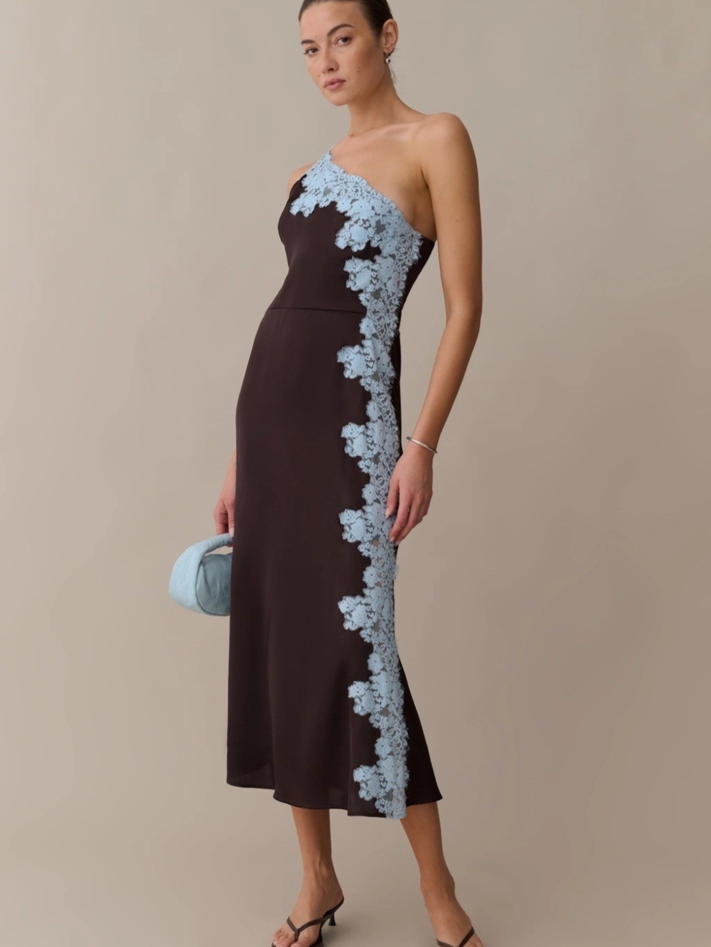 Few Moda O.P.T. One-Shoulder Chocolate Dress with Pale Blue Lace Appliqué